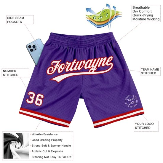 Custom Purple White-Red Authentic Throwback Basketball Shorts Custom Purple White-Red Authentic Throwback Basketball Shorts