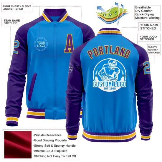 Custom Powder Blue Gold-Purple Bomber Varsity Letterman Two Tone Zipper Jacket Custom Powder Blue Gold-Purple Bomber Varsity Letterman Two Tone Zipper Jacket