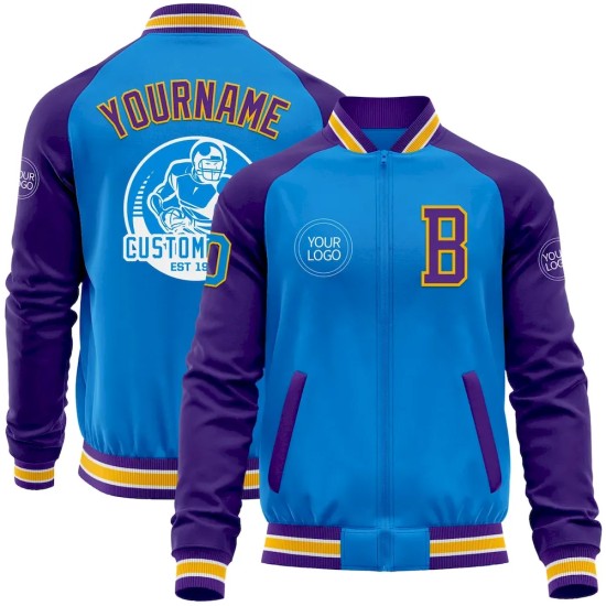 Custom Powder Blue Gold-Purple Bomber Varsity Letterman Two Tone Zipper Jacket Custom Powder Blue Gold-Purple Bomber Varsity Letterman Two Tone Zipper Jacket