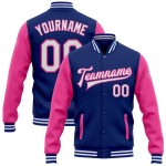 Custom Royal White-Pink Bomber Full-Snap Varsity Letterman Two Tone Jacket Custom Royal White-Pink Bomber Full-Snap Varsity Letterman Two Tone Jacket