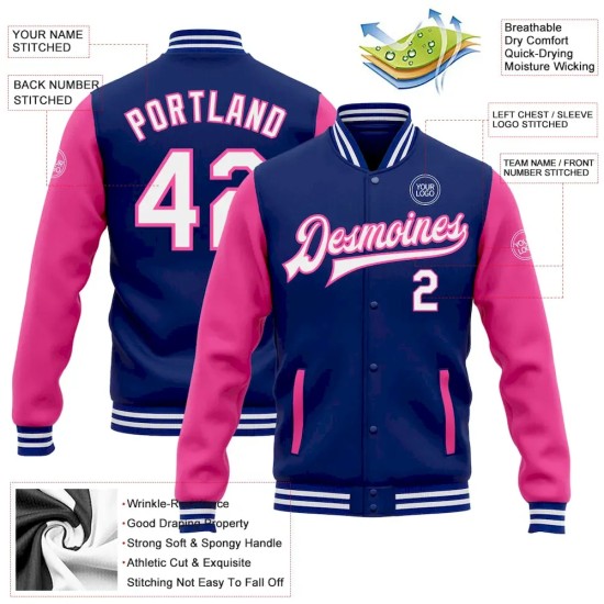 Custom Royal White-Pink Bomber Full-Snap Varsity Letterman Two Tone Jacket Custom Royal White-Pink Bomber Full-Snap Varsity Letterman Two Tone Jacket