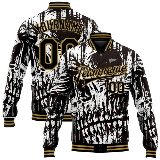 Custom Black Old Gold Skull Fashion 3D Bomber Full-Snap Varsity Letterman Jacket